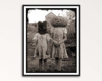 Dziewczyna z Dynią Głową, Kostiumy na Halloween w stylu vintage, Retro, Postarzany Druk Dziewczyny z lat 20. XX wieku w strojach na Halloween, Duża Głowa Dyni, Plakat