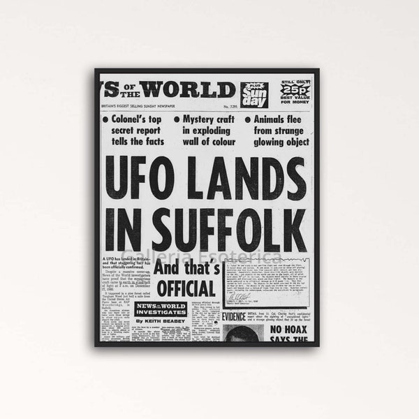UFO Lands In Suffolk, UFO Landing Redlesham Forest Incident England, Vintage Newpaper Print Poster Headline, 1980s, Aliens Flying Saucer