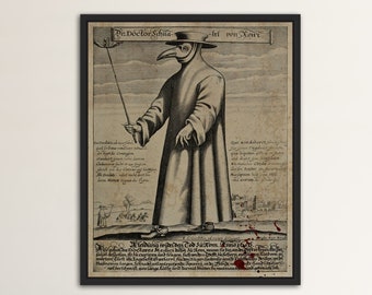 Stampa vintage del medico della peste, stampabile sulla storica pandemia bubbonica della peste nera, macchia di sangue gotica, costume steampunk, batteri e virus