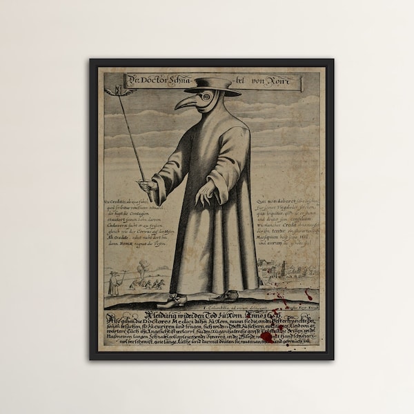 Plague Doctor Vintage Print, Historic Black Death Bubonic Pandemic Printable, Gothic Bloodstain, Steampunk Outfit Costume, Bacteria Viruses