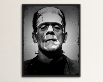 Impresión de retrato de Frankenstein / Arte de terror clásico de Boris Karloff / Decoración de pared gótica / Ilustración de monstruos universales / Impresión de regalo de Halloween