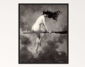 Poster "Partenza per il Sabbath", Strega nuda che vola su una scopa, Vecchio dipinto vintage, Arte digitale delle streghe di Halloween su una scopa