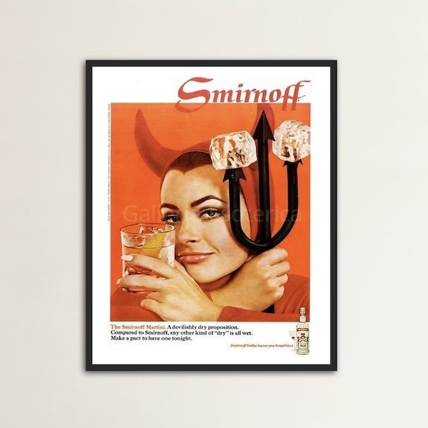 Retro Vintage Vodka Advertisement Poster Print; Smirnoff Sexy Devil Woman Poster Advert Alcohol Vodka, Classic Retro Style Home Wall Art