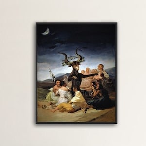 Könnte beinhalten: Ein Gemälde, das eine dunkelhäutige Ziegenfigur mit Hörnern und einem Blätterkranz zeigt, umgeben von Menschen in einer dunklen Landschaft. Die Szene spielt unter einem Nachthimmel mit einer Mondsichel.