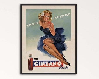 Vintage Cinzano Soda Poster Print, Retro Style Italian Pinup Girl Old Cinzano Print Advertisement, Printable Poster, Wall Decor Ad Art Gift
