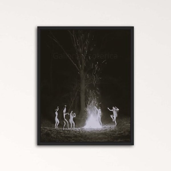 Naked Witches Round a Fire, Dancing Witches In the Forest, Witchcraft Black Magic Ritual, Photo, Poster, Wicca, Wiccan, Dark Gothic Print