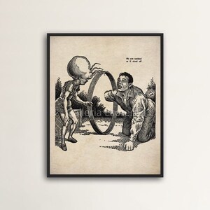 Puede incluir: Ilustración en blanco y negro de un extraterrestre con una cabeza grande y un cuerpo humanoide que sostiene un aro. Un hombre está arrastrándose por el suelo mirando al extraterrestre. El texto "We are visited as if a friend of" es visible en la imagen.