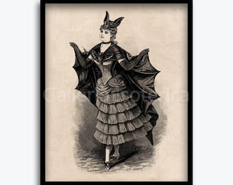 Wiktoriański nadruk z dziewczyną-nietoperzem | Vintage nadruk z nietoperzem | Wiktoriański styl ścienny | Sztuka gotycka | Dekoracje na Halloween | Plakat z dziewczyną-nietoperzem | Okultystyczny wydruk ścienny