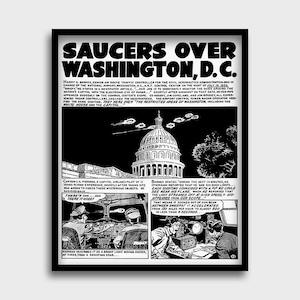 Platillos voladores sobre Washington D. C., platillos voladores OVNI en Washington D. C., 1952. Impresión de tira cómica vintage de un OVNI real volando sobre Washington D. C.