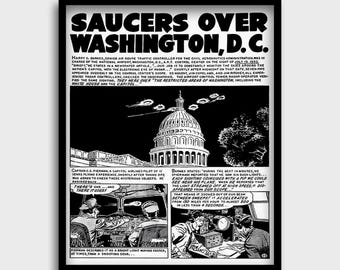 Flying Saucers Over Washington DC, Saucers UFOs Washington DC 1952, Vintage Comic Strip Print of Real World ufo uap Flap over Washington DC