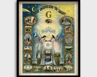 Impresión "De la oscuridad a la luz" / Arte mural de la masonería / Póster esotérico y ocultista / Decoración de logias masónicas / Simbolismo masónico / El ojo que todo lo ve