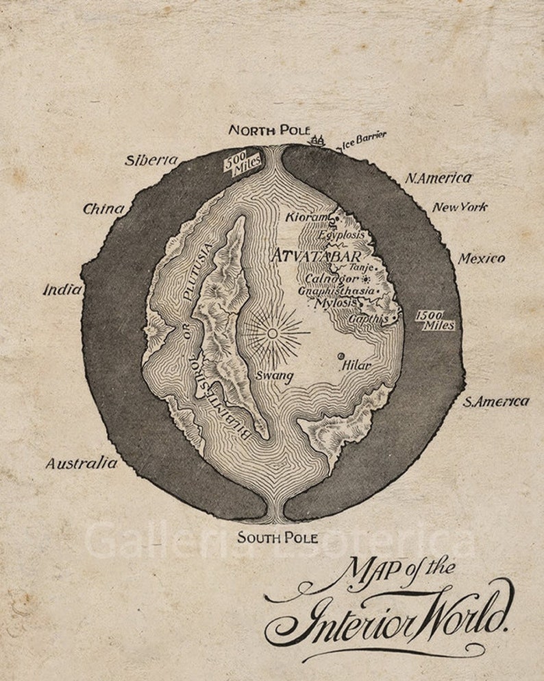 Interior World Map, Printable Vintage Illustration, Hollow Earth ...