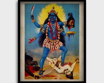 Kali hindoeïstische godin Art Print | Vintage Indiase devotionele poster | Vedische mythologie kunst aan de muur | Tantrisch spiritueel decor | Digitale download