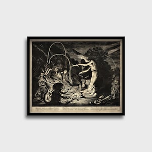 The Sorceress, Engraving, Aged Vintage 1600s Print, Sorceress Conjuring Through Flames, Amid Demons & Demonic Beings, Jan Van de Velde