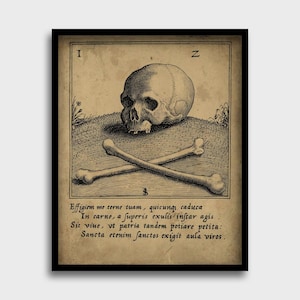 May include: Black framed vintage print featuring a detailed illustration of a human skull atop a grassy mound, with crossed bones below. The print includes Latin text and the letters "I" and "Z" at the top.