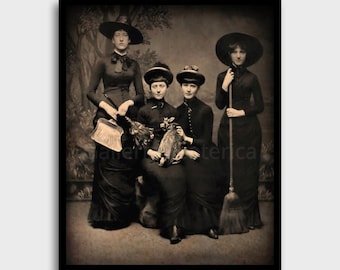 Lámina de brujas vintage / Cuatro brujas de Halloween / Lámina de arte victoriano / Póster de Halloween espeluznante / Decoración de pared de brujas / Decoración de pared gótica