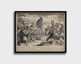 Gravure met zevenkoppige beesten | Kunstwerk boek Openbaring | Occulte kunstafdruk | Bijbelse afdruk | Apocalyptische kunst | Kwade poster | Esoterische kunst