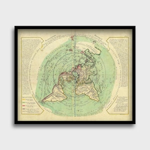 Flache Erdkarte - Buache-Projektion, Vintage Kartographie des 18.Jahrhunderts, alternative Wissenschaft, Kosmologie, Vintage Weltkarte, Kartographiedruck