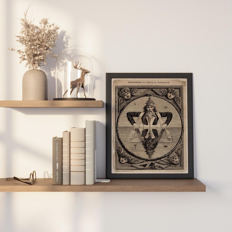 May include: A black and white vintage illustration of a man with a beard and long hair, surrounded by a circle with angels and a triangle. The text "Embl&egrave;me de Paix et de Tolerance" is at the top of the image.