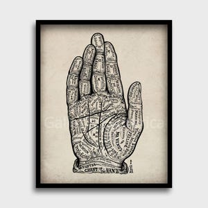 Carte de la main impression chiromancie vintage ; Poster rétro avec palmiers ; divination mystique, phrénologie, pseudosciences ; Présentoir cadeau imprimable