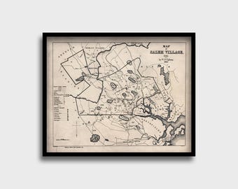 Mappa d'epoca del villaggio di Salem / Arte dei processi alle streghe di Salem / Poster del villaggio di Salem / Stampa sulla stregoneria / Decorazioni di Halloween / Decorazioni occulte / Mappa antica
