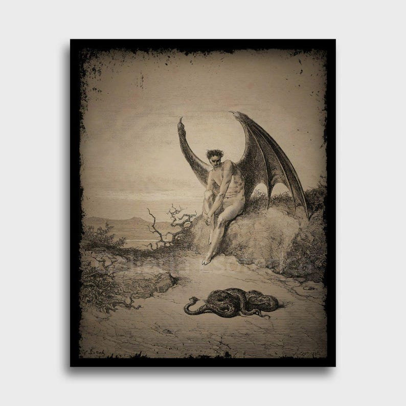 Lucifer & Snake Illustration Poster, Milton's Paradise Lost, Gustave Dore, Devil Satan Evil Serpent Vintage Photo, Demonic Art, Gothic