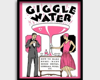 Giggle Water vintage poster roze | Verbod kunstafdruk | Speakeasy-decor | Muurkunst Roaring Twenties | Alcohol | Retro-afdruk | Staafafdruk