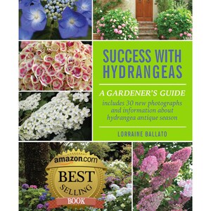 May include: A book cover titled "Success with Hydrangeas: A Gardener's Guide" featuring images of various hydrangea blooms in shades of blue, pink, and white. The cover also includes the Amazon Best Selling Book seal.