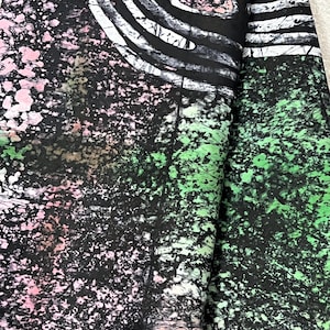 Nigerian Adire Batik, Handmade Batik Cotton Fabric, Green, Pink, and Black Circular Pattern on Marbled Background