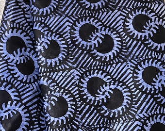 Baby Blue Black Nigerian Adire Batik, Handmade Batik Double Rings Stripes Pattern, Sewing Fabric | Abstract Motif Ankara Fabric By The Yard
