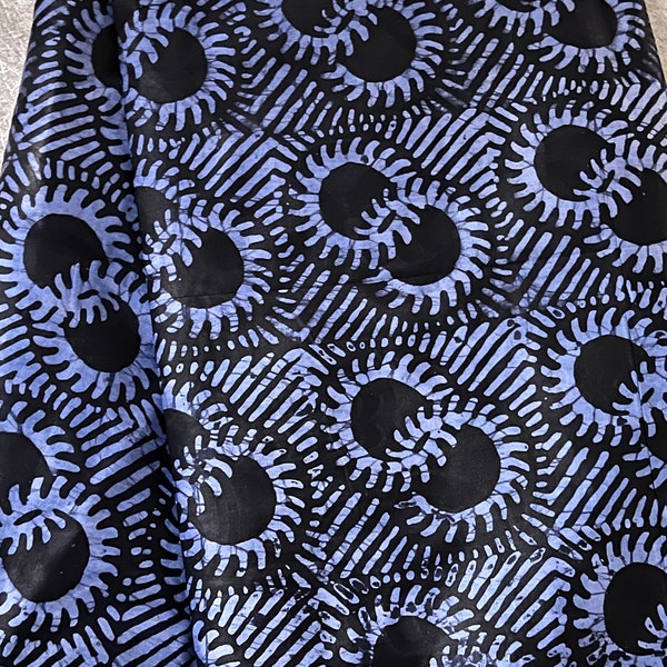 Baby Blue Black Nigerian Adire Batik, Handmade Batik Double Rings Stripes Pattern, Sewing Fabric | Abstract Motif Ankara Fabric By The Yard