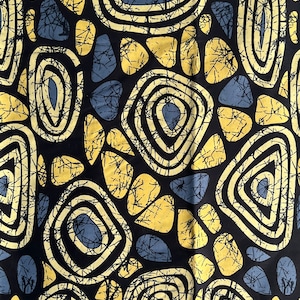 Citrine, Blue Pebbles and Geometric Shapes, African Print Fabric, West African Wax Print cloth Design | Pure Cotton Fabrics by the Yard