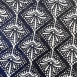 Puede incluir: Tela negra y blanca con un patrón repetitivo de flores estilizadas. Las flores tienen un contorno blanco y están llenas de pequeños puntos blancos. El fondo es de color azul oscuro.