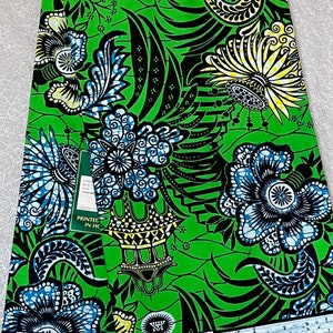 Green & Yellow Authentic Vlisco African Print Fabric, Floral Fabric, Pure Cotton African Fabric, Dutch Wax Ankara Fabric, sold by the yard