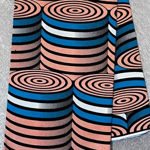 Pure Cotton Wax Print Optical Illusion Geometric Fabric, West African Kent Abstract Fabric | Peach Blue Strapped Ankara Fabric By The Yard
