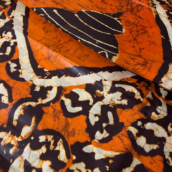 Nigerian Quilt Adire Ethnic Tribal Fabric, West African Printed Batik Mod Fabric | 3 Yards Orange Black Ankara Sewing Fabrics