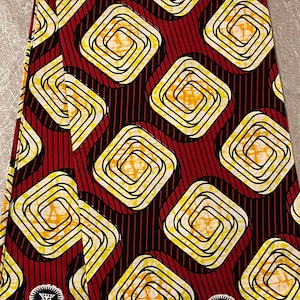 Authentic Vlisco African Print Fabric, Red, Lemon Geometric Fabric, Pure Cotton African Fabric, Dutch Wax Ankara Fabric, sold by the yard