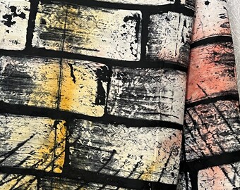 Tela batik de algodón hecha a mano: bloques de construcción negros, amarillos y rosas - 2,4 yardas