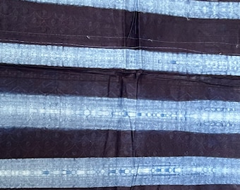 Könnte beinhalten: Nahaufnahme eines dunkelblauen Stoffes mit weißen Streifen. Der Stoff hat eine strukturierte, handgewebte Optik.