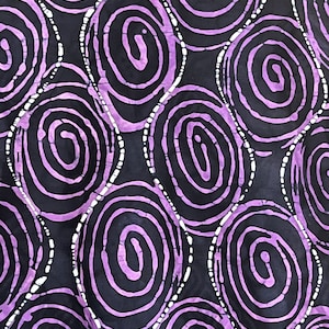 Handmade African Batik Cotton Fabric: Purple & Black Swirls Adire - Sold per Yard
