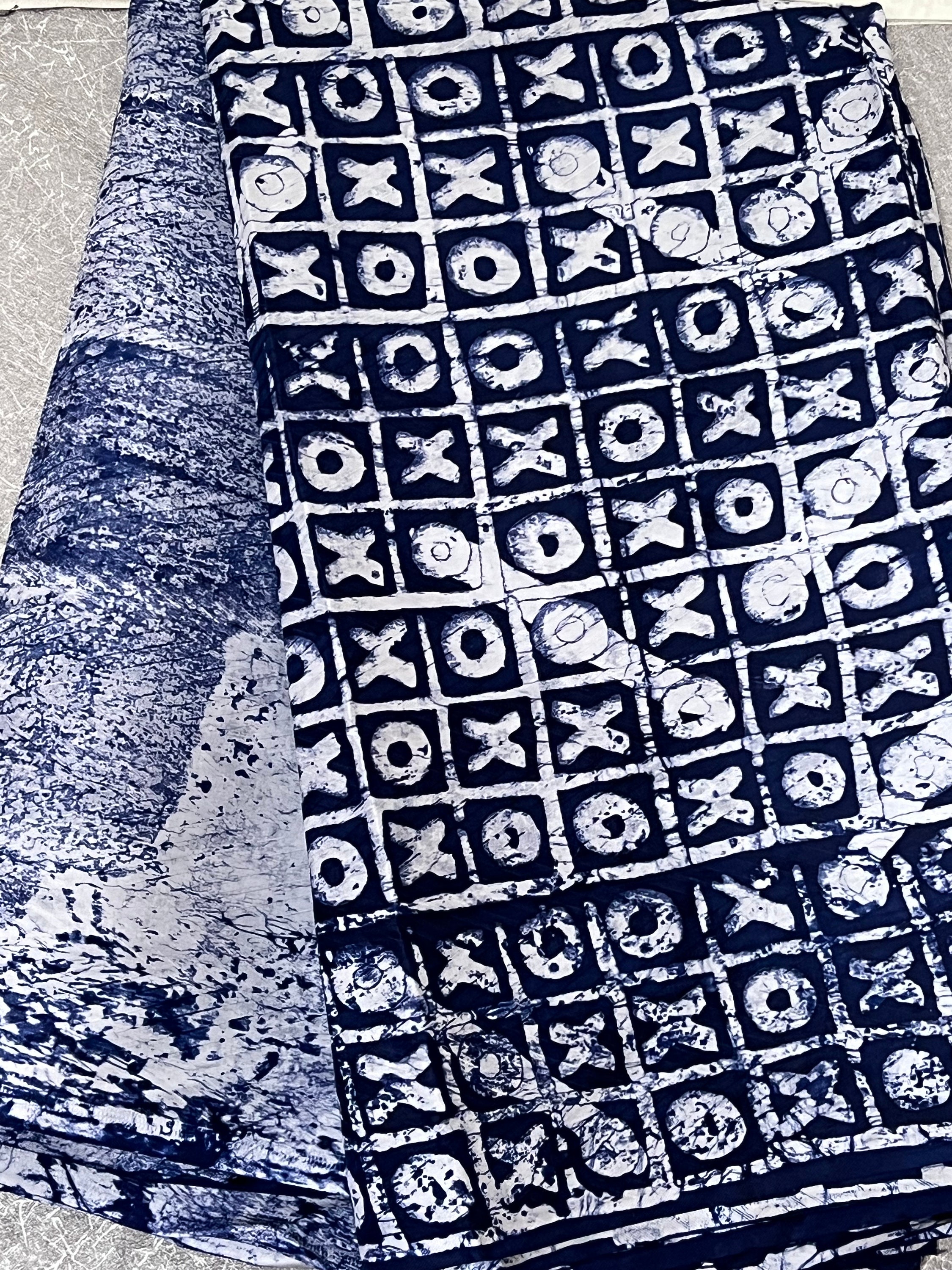 Handmade Batik Blue and White, XO | OX Pattern,   Nigerian Adire Batik, Sewing Fabric | Half And Half Design, Ankara Fabric 2.4 Yards Fabric