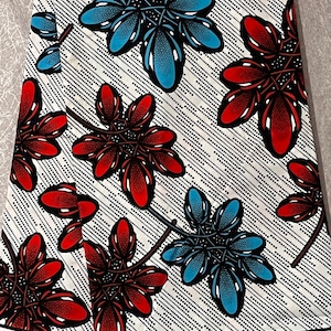 African Wax Print Cotton Fabric: Red & Blue Floral Ankara Sewing Fabric