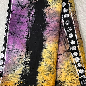 Nigerian Adire Batik, Handmade Batik Cotton Fabric – Purple, Yellow-Orange, and Black with White Dots/Circles