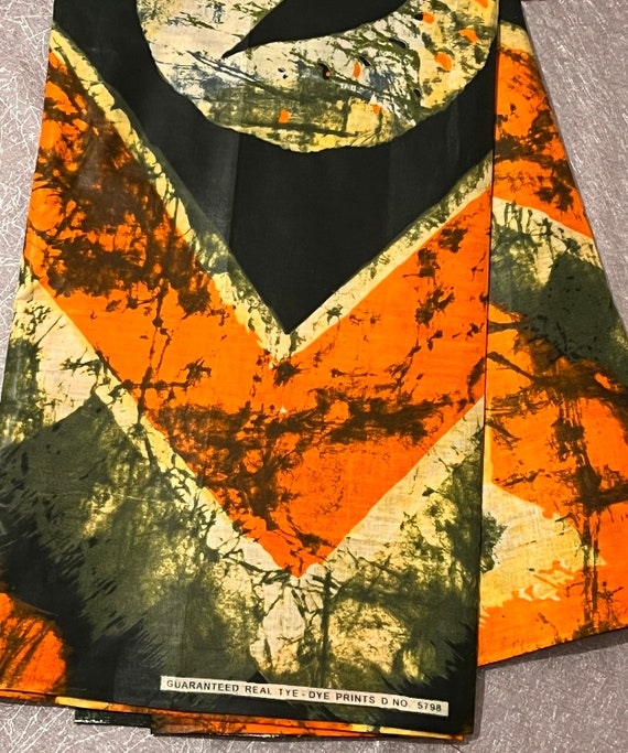 Nigerian Adire Fabric: Green, Orange, Black Batik Print (2.5 Yards