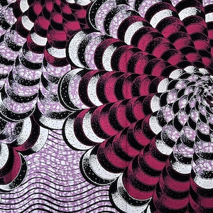 May include: A fabric with a swirling pattern of overlapping circles in shades of pink, white, and black. The background is a light purple with a wavy pattern.