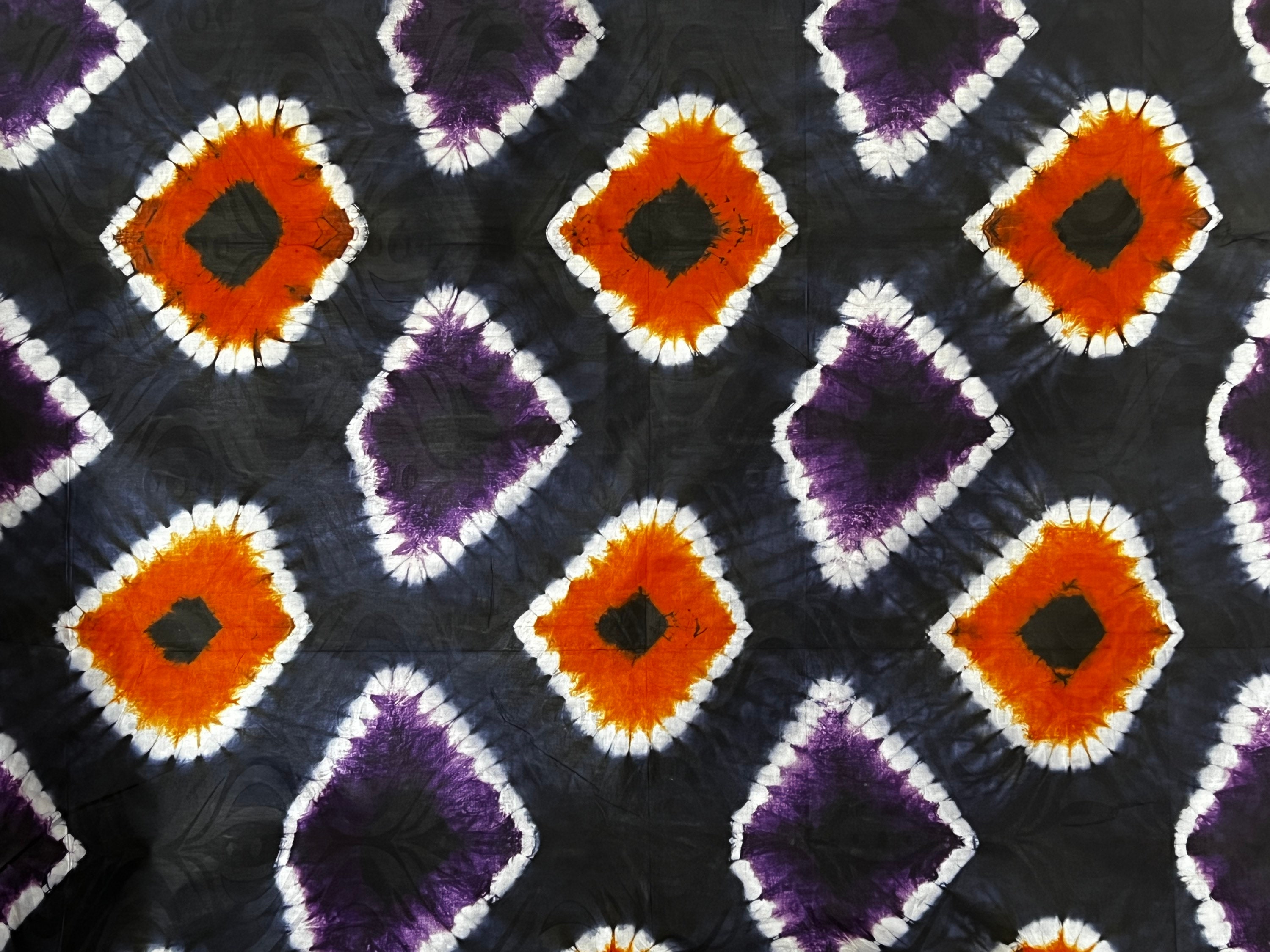 Handmade African Batik Cotton Fabric: Purple & Orange Adire, Sold Per Yard