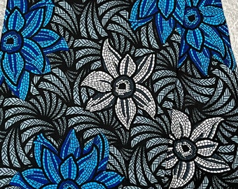 Blue Floral Ankara Fabric: Poly-Cotton African Wax Print, 6 Yards