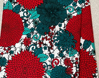 Floral African Print Fabric: Turquoise & Red Cotton Ankara Wax Print