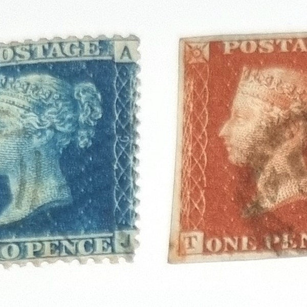 Timbres-poste originaux Penny Red et 2 Penny Blue GB