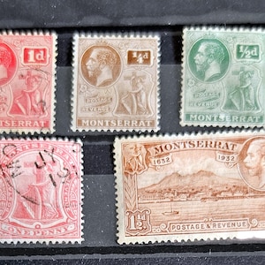 May include: A collection of vintage postage stamps from Montserrat, featuring a variety of designs including a portrait of King George V, a ship, and a war stamp. The stamps are in various colours, including green, red, and brown.
